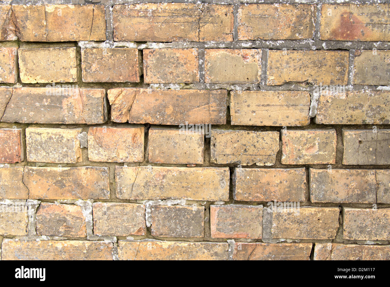 Un vecchio weathered muro di mattoni in cui gran parte della malta di cemento tra i mattoni ha caduto e ha bisogno di essere riparato. Foto Stock