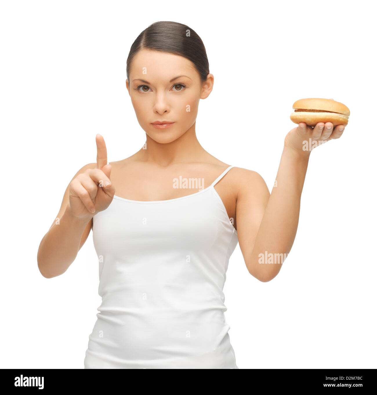 Donna con hamburger Foto Stock