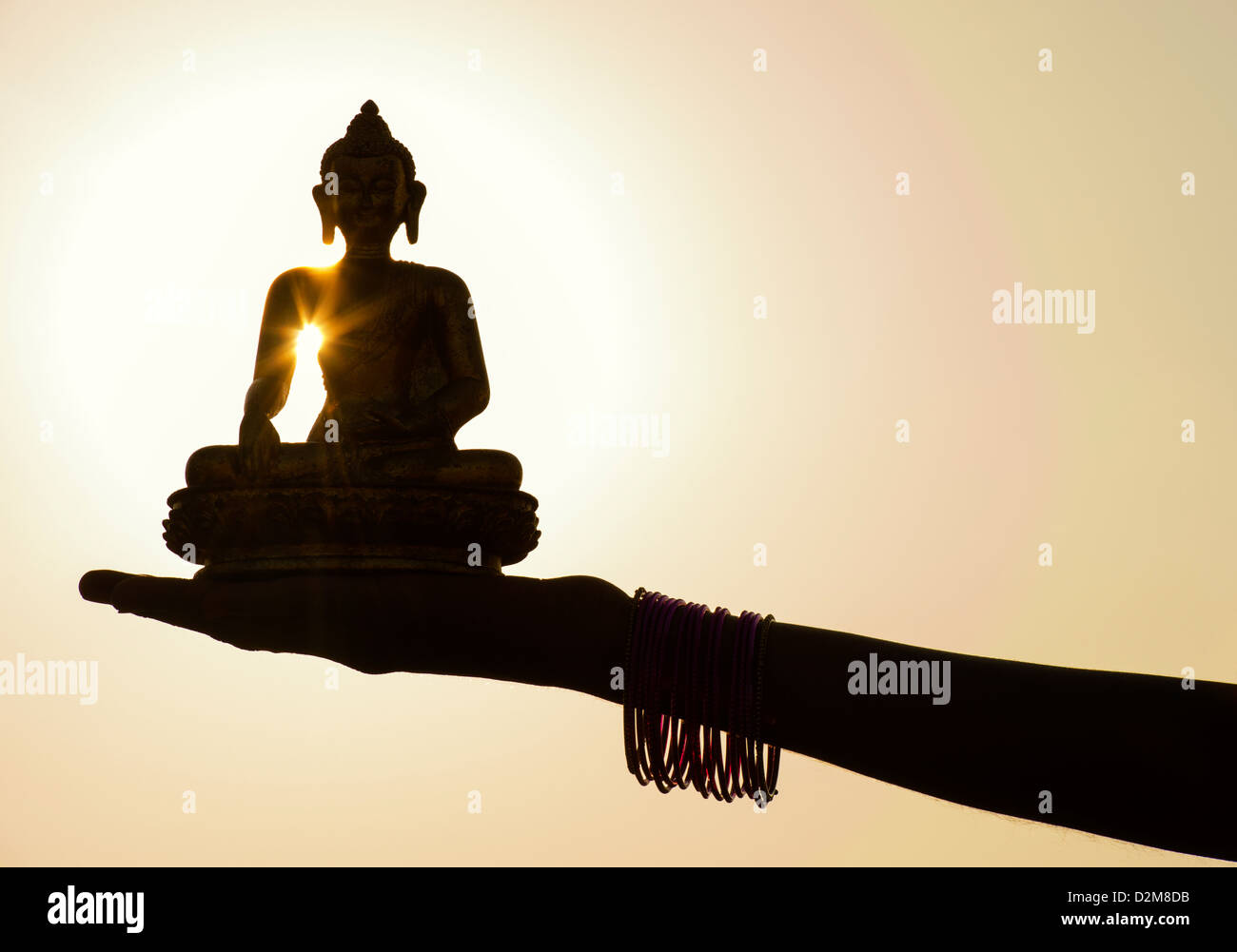 Ragazze indiano mano che tiene una statua di Buddha. Silhouette Foto Stock