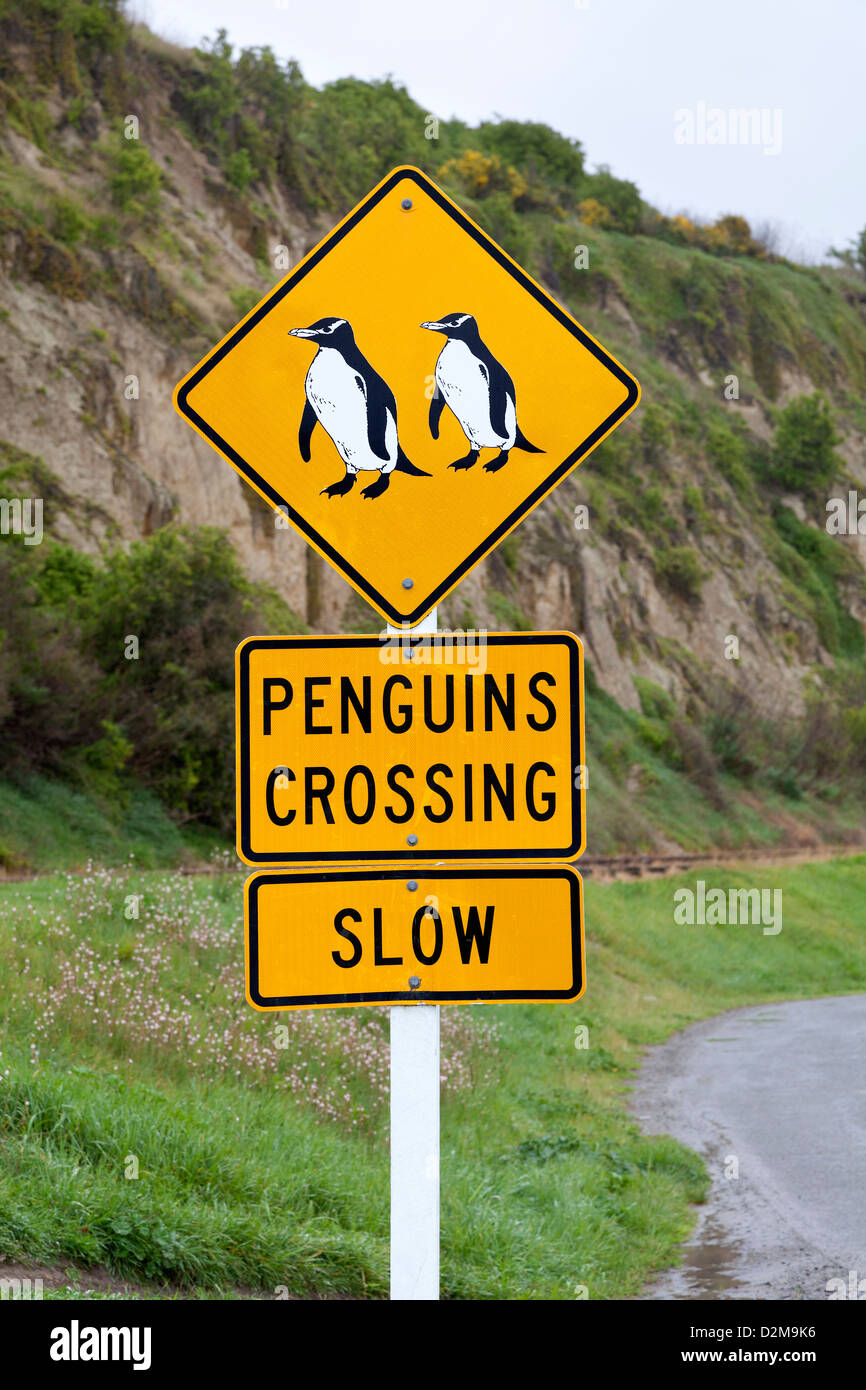 Segno Pinguins crossing, Nuova Zelanda Foto Stock