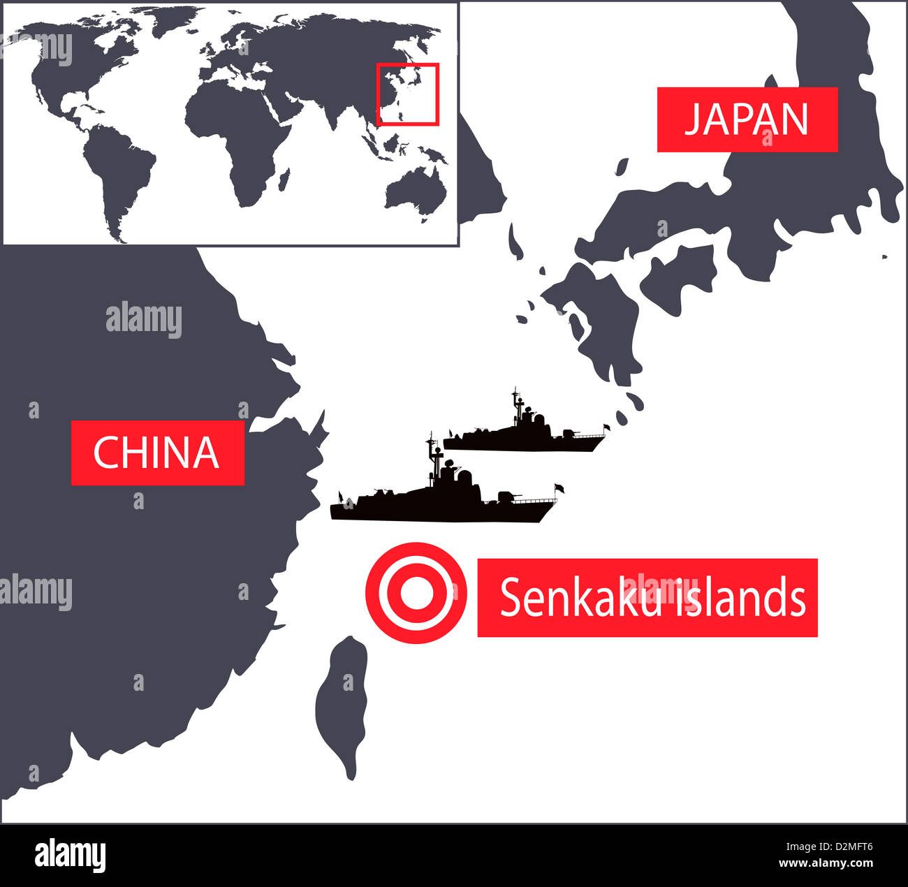Isole Senkaku mappa. Il Giappone e la Cina le controversie territoriali. Foto Stock