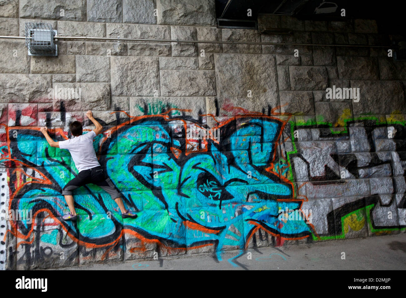 Un atleta di roccia scala un muro coperto di graffiti lungo il Danubio a Vienna, Austria, mescolando arte urbana e avventura all'aria aperta Foto Stock