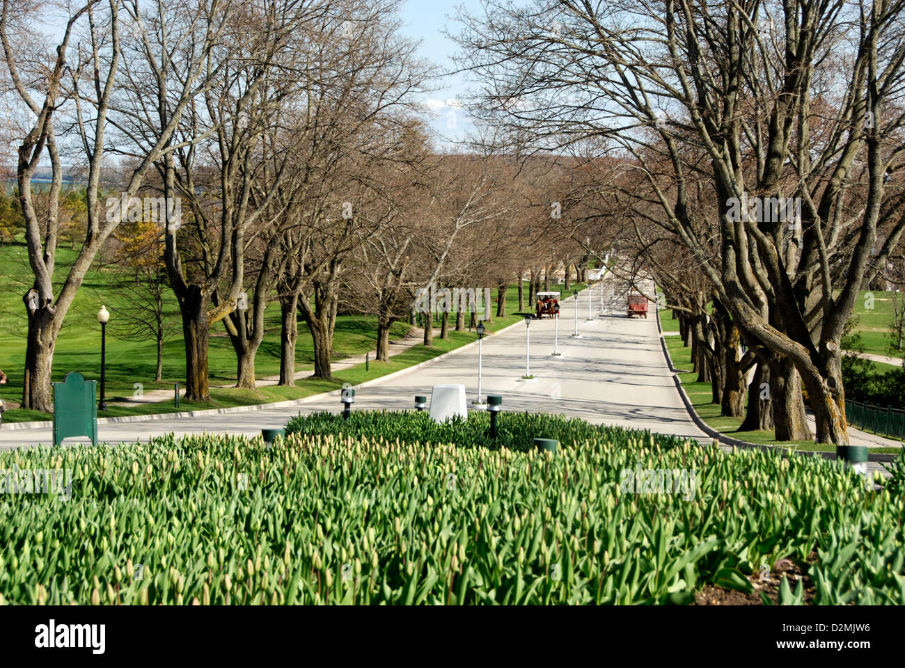 Grand Avenue dalla città al Grand Hotel, l'isola di Mackinac, Lago Huron, Michigan, Stati Uniti d'America Foto Stock