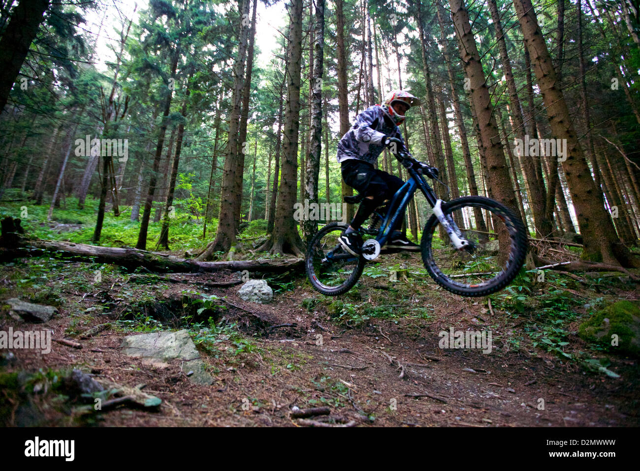 Mountain bike che prende aria su un sentiero nella foresta tra le montagne panoramiche vicino a Graz, Austria, mostrando emozionanti avventure all'aria aperta e bellezze naturali Foto Stock