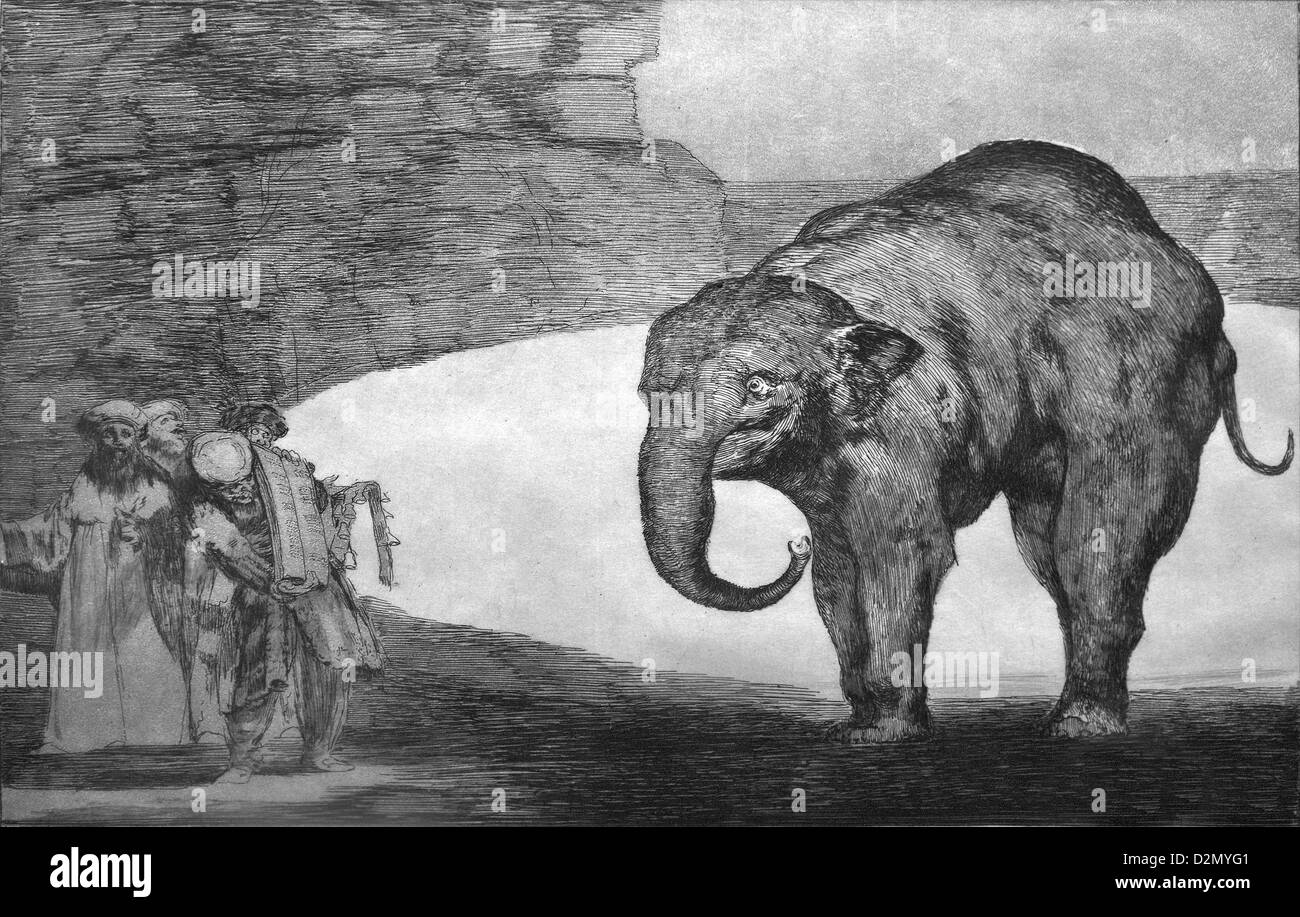 Un elefante intimidatorio mori, di Francisco de Goya, Disparates, British Museum di Londra, Inghilterra, Regno Unito, GB, Isole britanniche Foto Stock