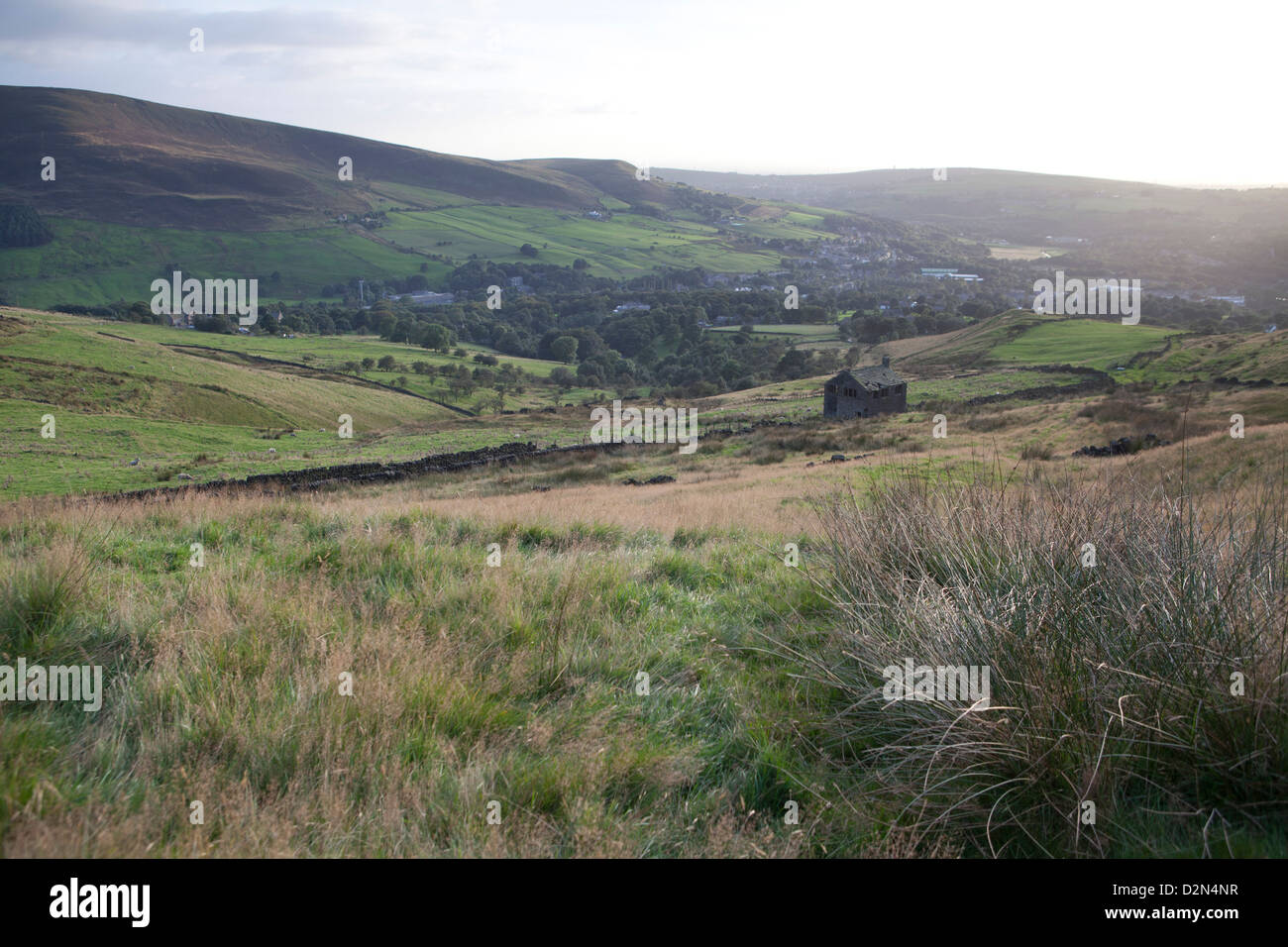 Vedute di Saddleworth nel Pennines Mostra campo di pascolo patterns e tessitori cottages e brughiera sulle cime Foto Stock