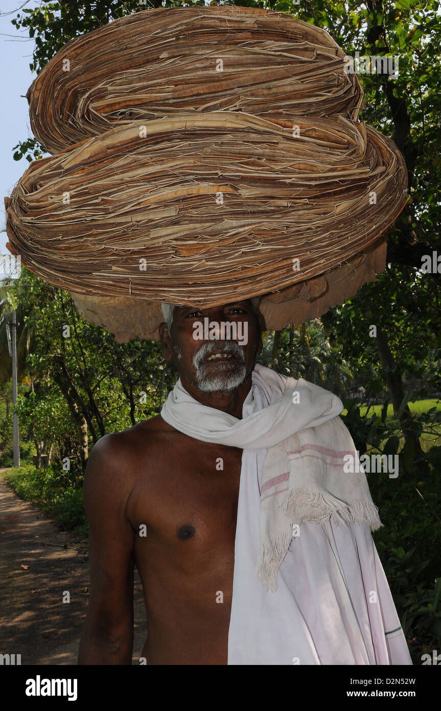 Un abitante di un villaggio che porta la polpa di banana, Tanjore, Tamil Nadu, India, Asia Foto Stock