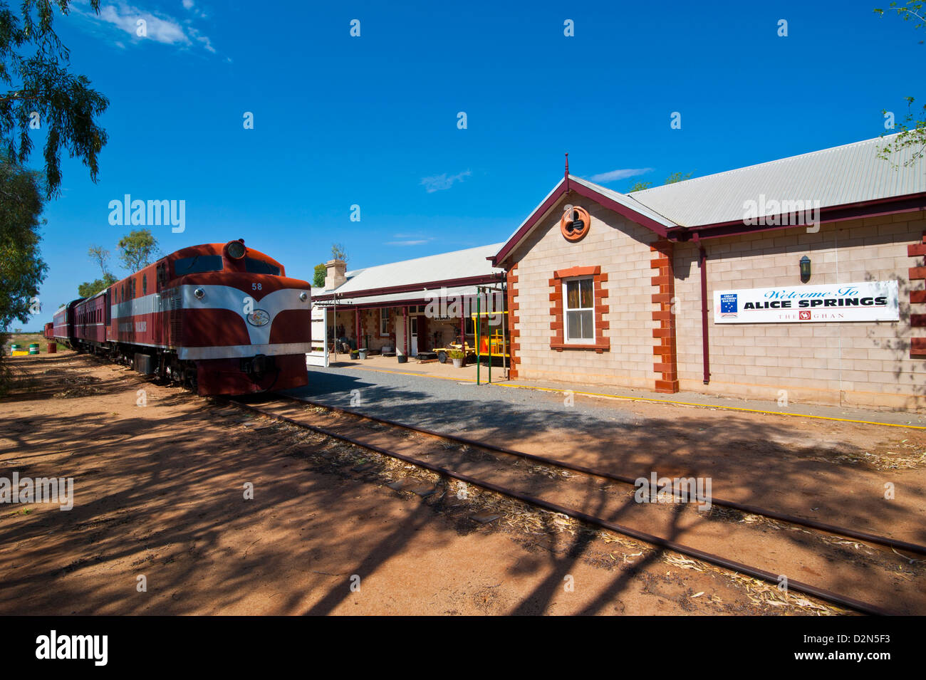 Il treno Ghan nel treno Ghan Heritage Museum, Alice Springs, Territorio del Nord, l'Australia, il Pacifico Foto Stock