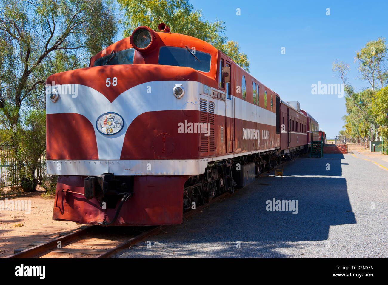 Il treno Ghan nel treno Ghan Heritage Museum, Alice Springs, Territorio del Nord, l'Australia, il Pacifico Foto Stock