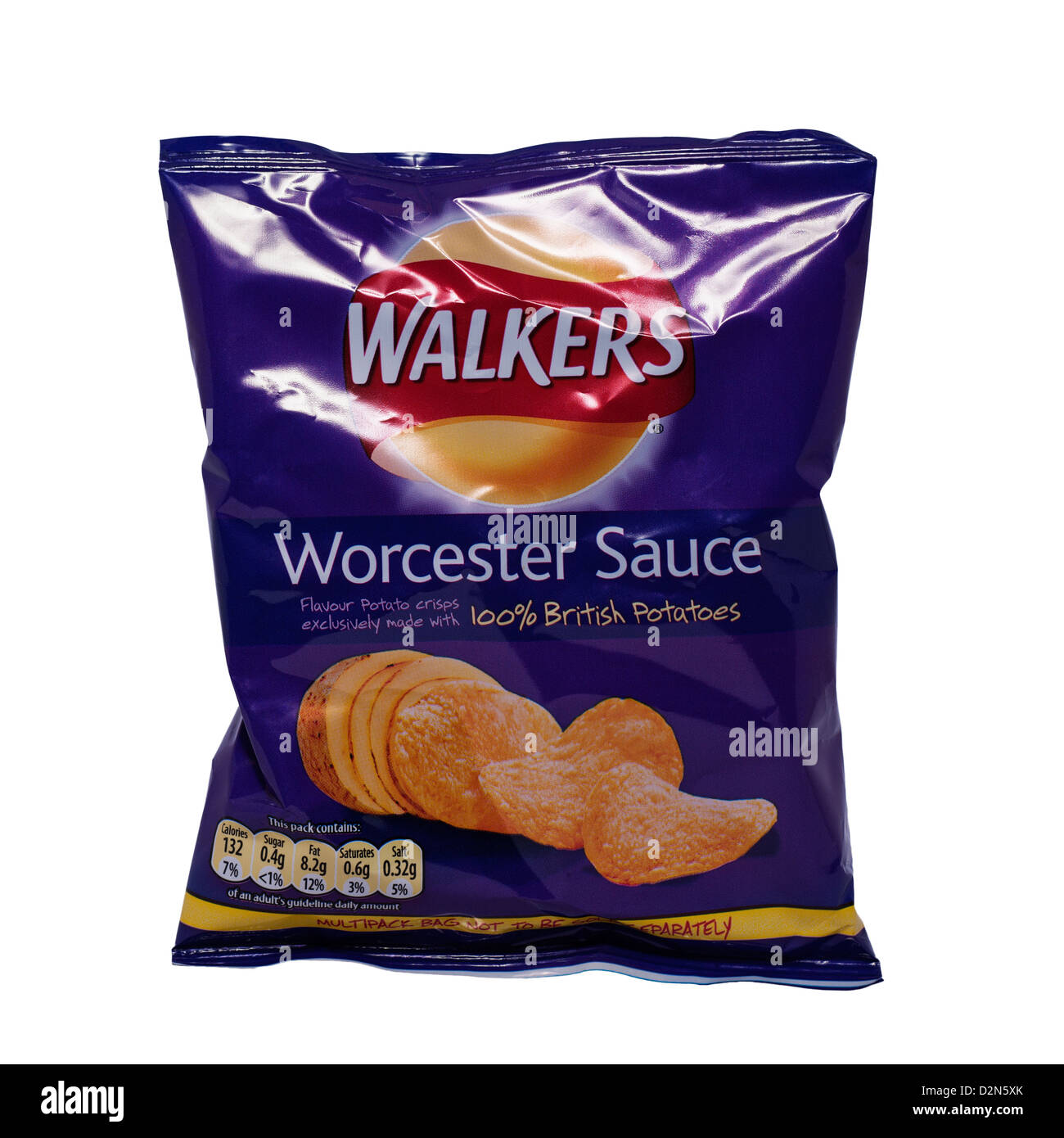Un pacchetto di salsa Worcester sapore walkers crisps su sfondo bianco Foto Stock