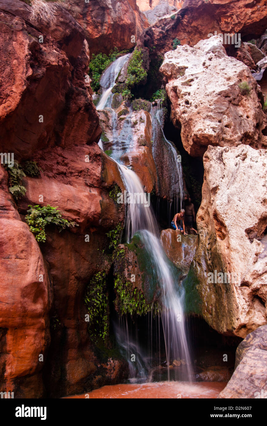 Turistico balneare in una cascata, visto mentre il rafting lungo il Fiume Colorado e il Grand Canyon, Arizona, Stati Uniti d'America Foto Stock