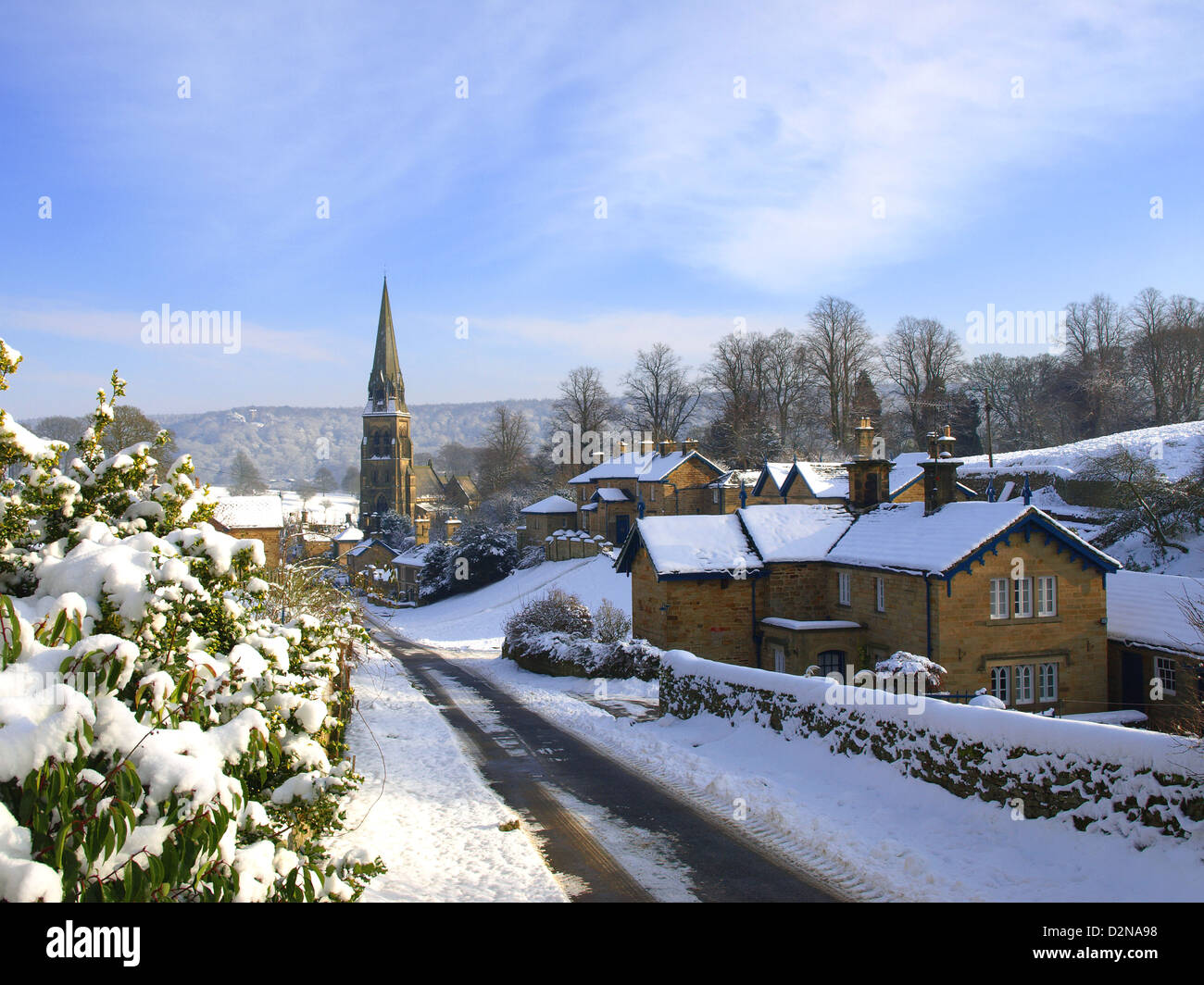 Edensor Chatsworth Derbyshire Peak District inverno Foto Stock