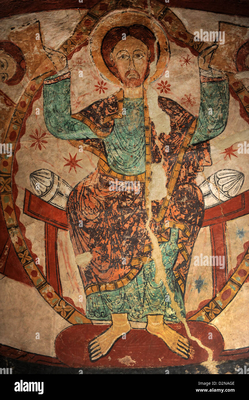 Romanico. Chiesa di Santa Maria (Santa Maria). Pantocratore. Pittura murale. Tarrasa, provincia di Barcelona, Catalogna, Spagna. Foto Stock