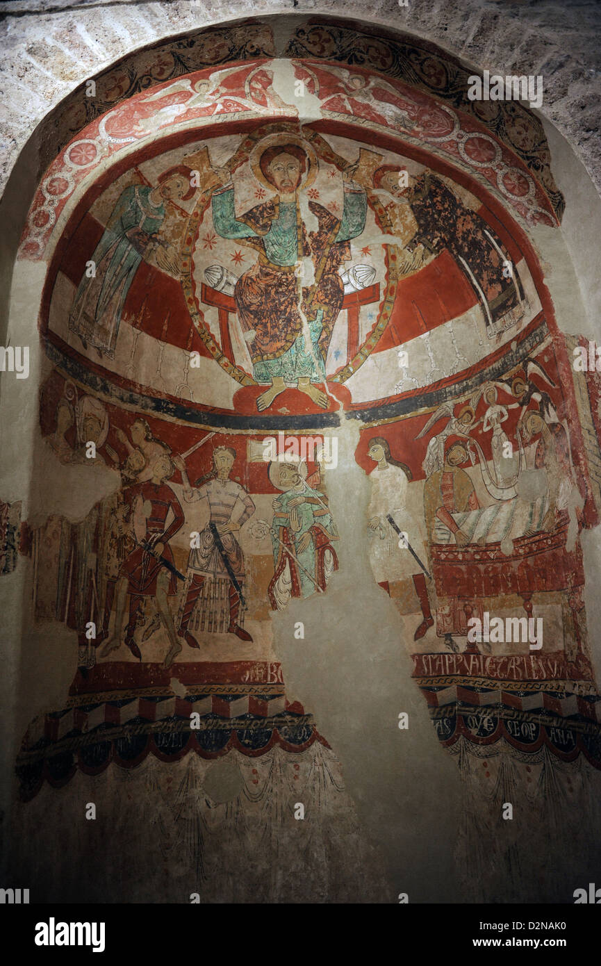 Romanico. Chiesa di Santa Maria (Santa Maria). Il martirio di inglese l Arcivescovo Thomas Becket. Pittura murale. Tarrasa, provincia di Barcelona, Catalogna, Spagna. Foto Stock