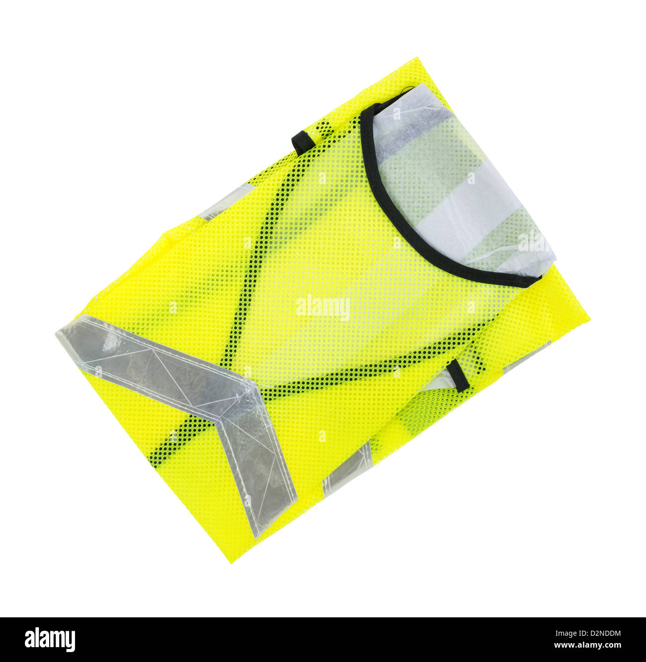 Un nuovo giallo fluorescente giubbotto di sicurezza con argento strisce riflettenti ripiegato su uno sfondo bianco. Foto Stock