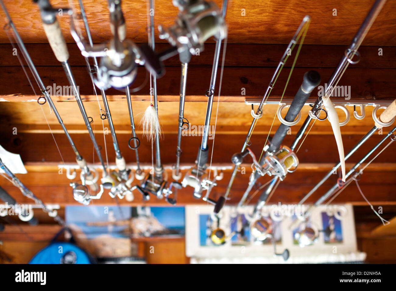 Canne da pesca esposte ordinatamente in un Lodge a Montauk, New York, che riflette il ricco patrimonio di pescatori e il fascino costiero della città. Foto Stock