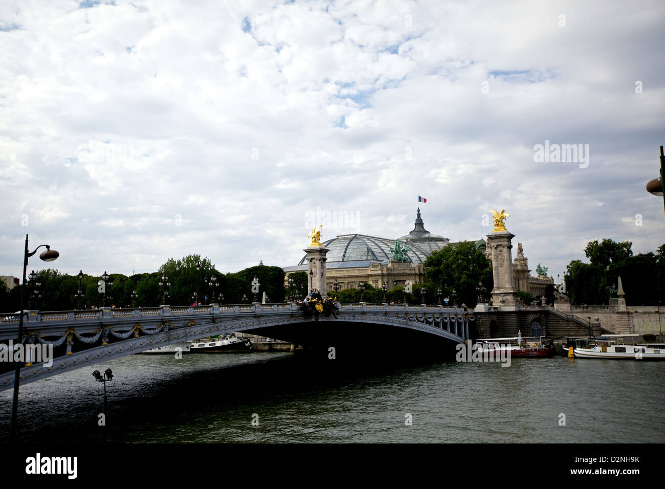 L'iconico Pont Alexandre III con il Grand Palais sullo sfondo, che mostra l'eleganza parigina e il fascino della Senna. Foto Stock