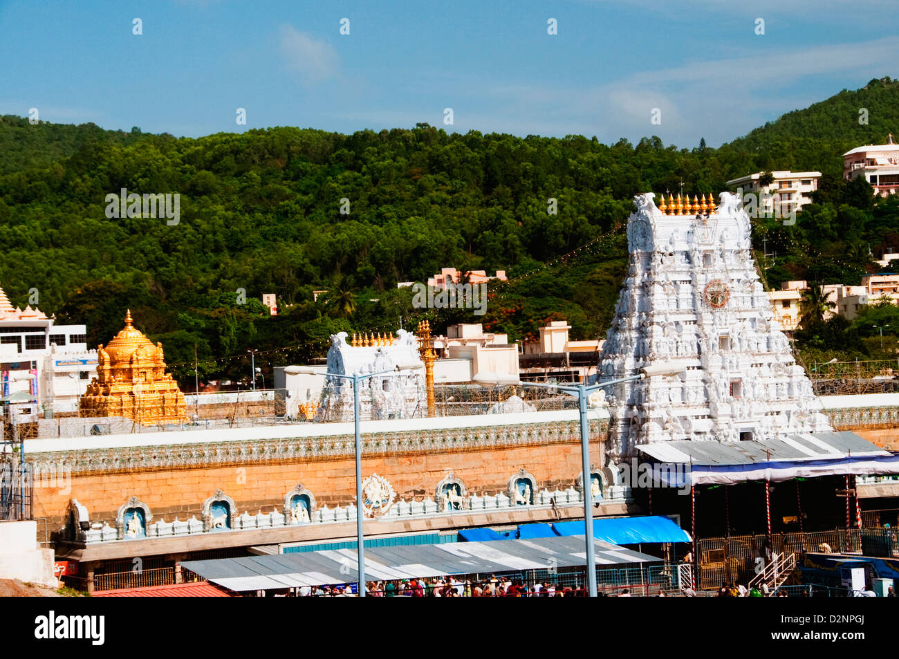 Elevato angolo di visione di un tempio, Tirumala Venkateswara Temple, Tirumala, Tirupati, Chittoor District, Andhra Pradesh, India Foto Stock