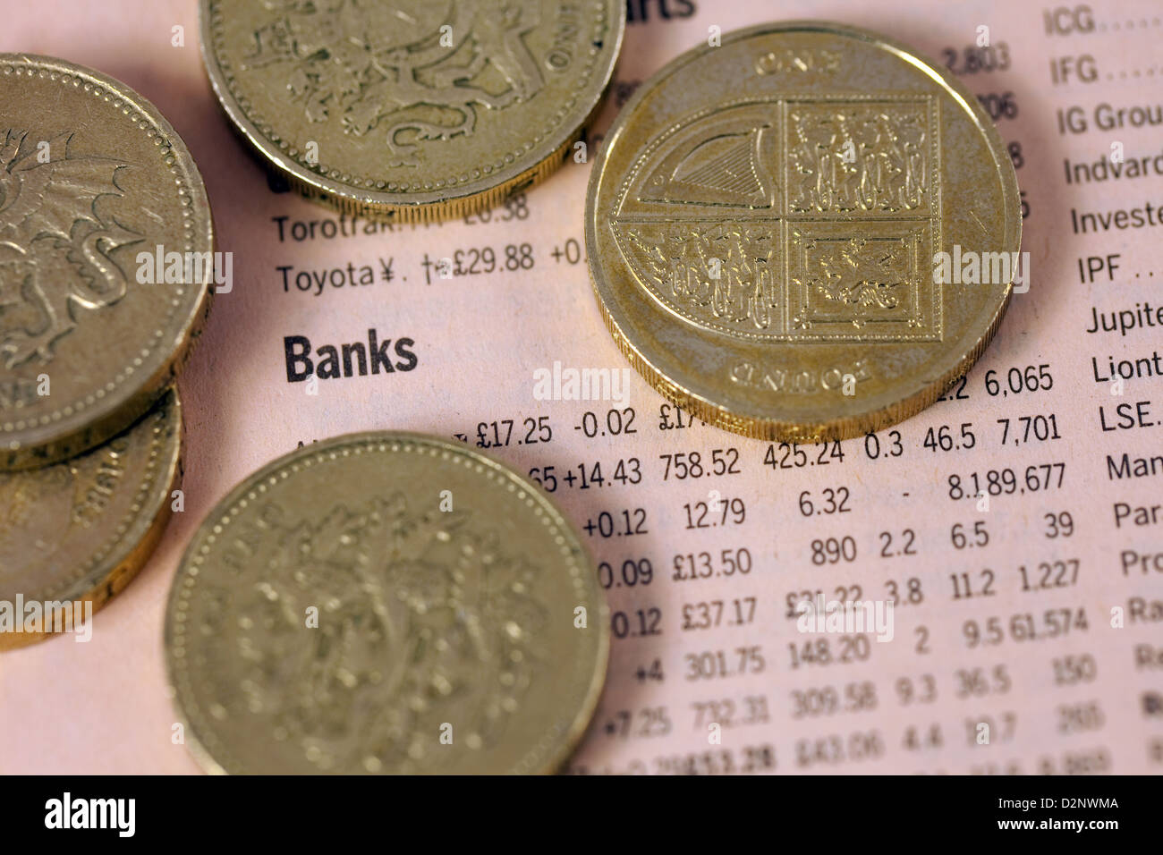 Banche - elenco delle scorte e condivide i valori nel Financial Times, con cancelletto monete, REGNO UNITO Foto Stock