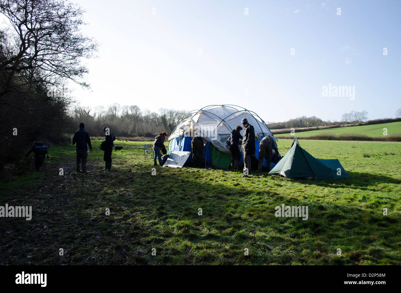 Combe Haven difensori camp protesta contro l'Hastings a Bexhill Link Road, East Sussex, Regno Unito Foto Stock