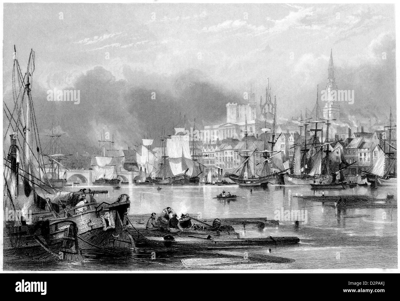 Un'incisione intitolata ' Newcastle upon Tyne ' UK scansionò ad alta risoluzione da un libro pubblicato nel 1842 - che mostra il fiume Tyne Foto Stock