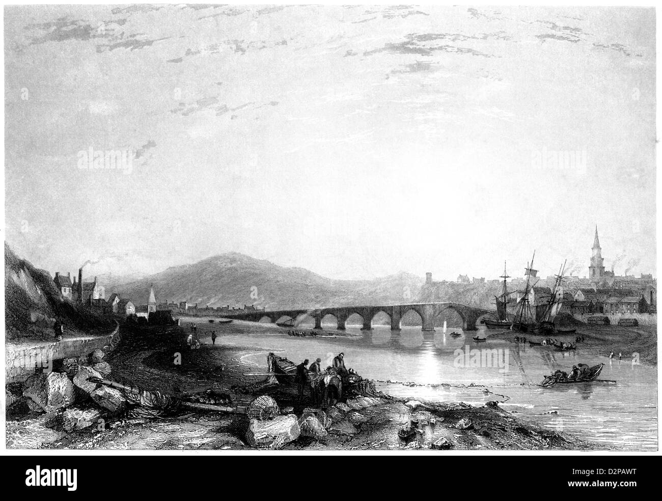 Un'incisione intitolata ' Berwick from the South-East ' scansionata ad alta risoluzione da un libro pubblicato nel 1842. Creduto libero di copyright. Foto Stock