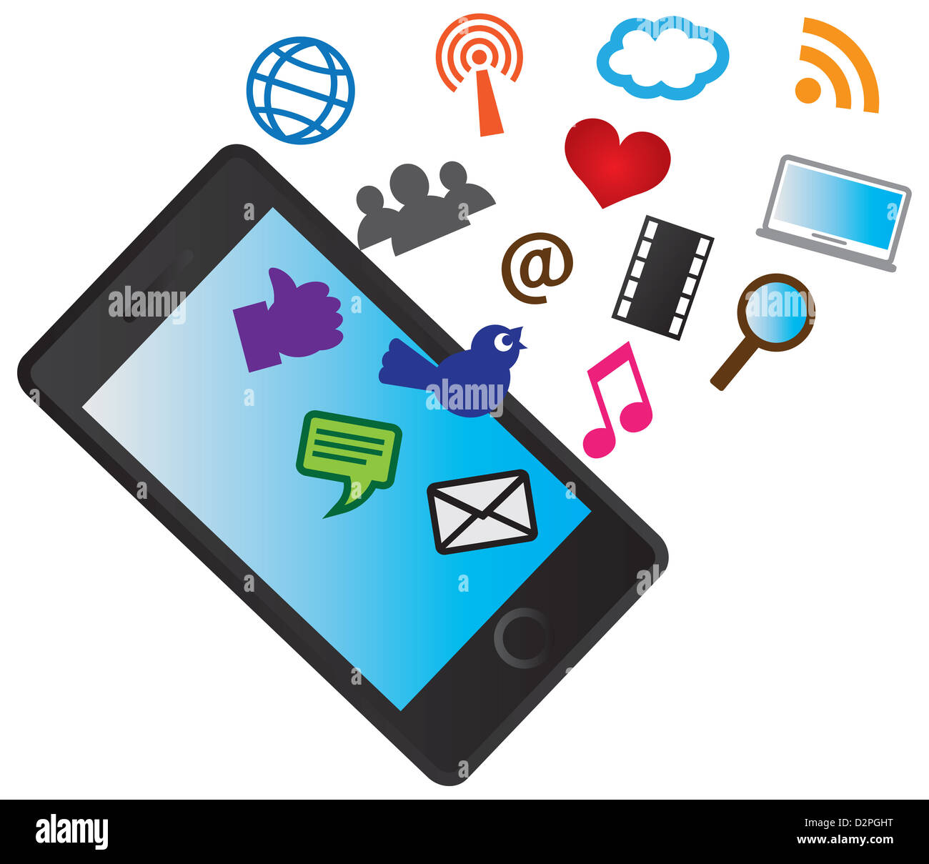 Telefono cellulare con i Social Media icone isolati su sfondo bianco illustrazione Foto Stock