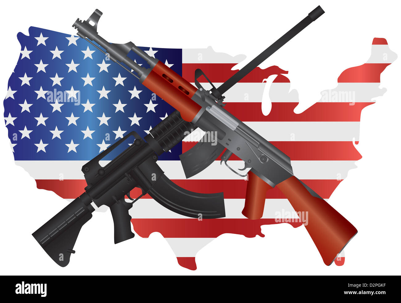 Fucili di assalto AR 15 e AK 47 Semi di armi automatiche sulla mappa USA bandiera secondo gli emendamenti costituzione illustrazione Foto Stock