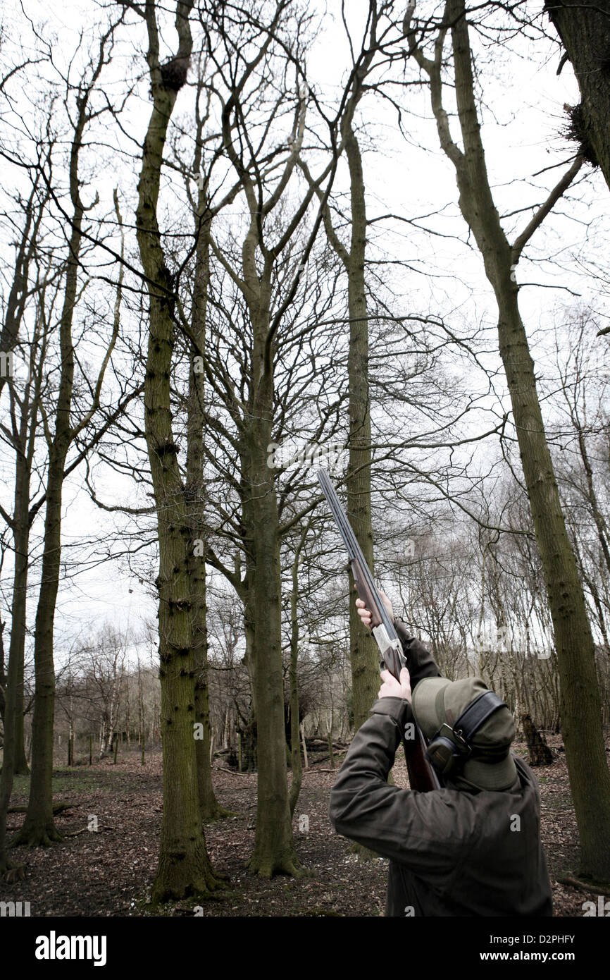 L'uomo la cottura di un fucile da caccia in un scoiattoli dray/nido. Foto Stock
