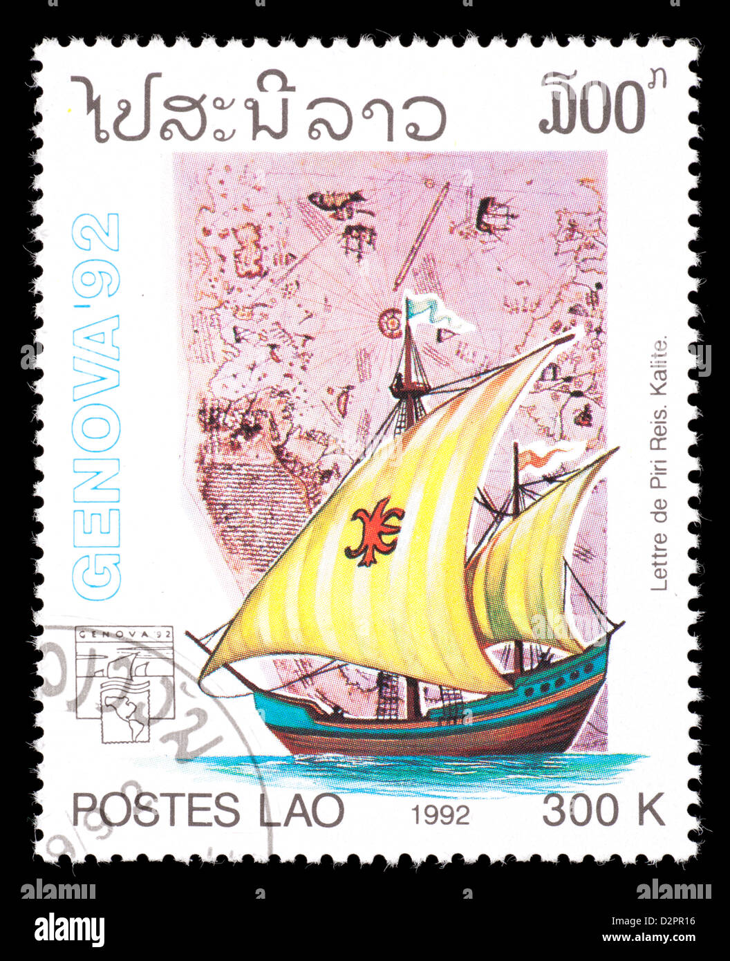 Francobollo dal Laos raffigurante la nave a vela di Piri Reis e mappa Foto Stock