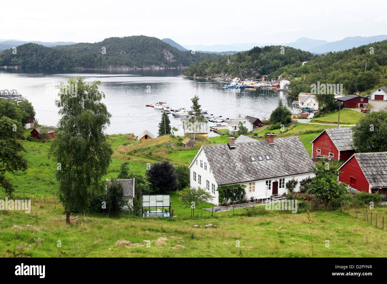 Il porto e le case coloniche sull isola di Borgundoya, Hardangerfjord, Norvegia, Europa Foto Stock