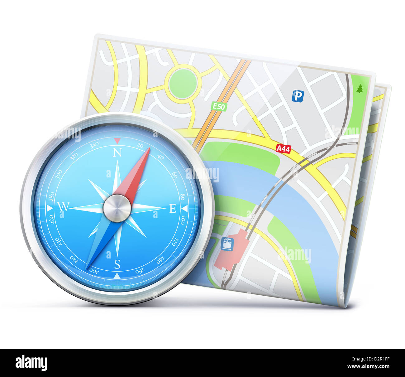 Concetto di viaggio con dettagliate bussola blu e mappa della città Foto Stock