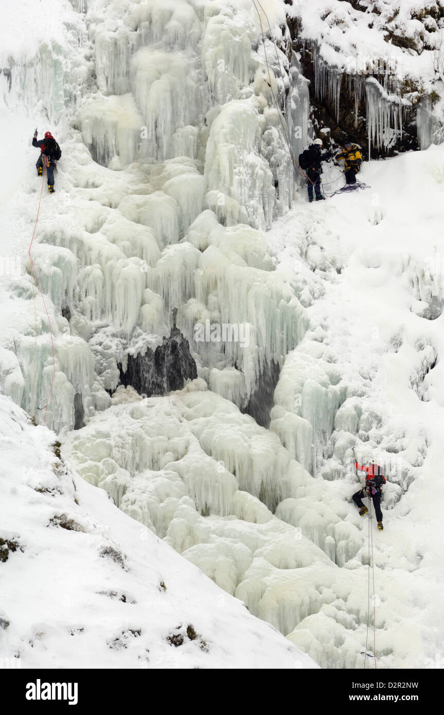 Arrampicata su ghiaccio su grigio mare della cascata di coda, Moffat Hills, Moffat Dale, Dumfries and Galloway, Scotland, Regno Unito, Europa Foto Stock