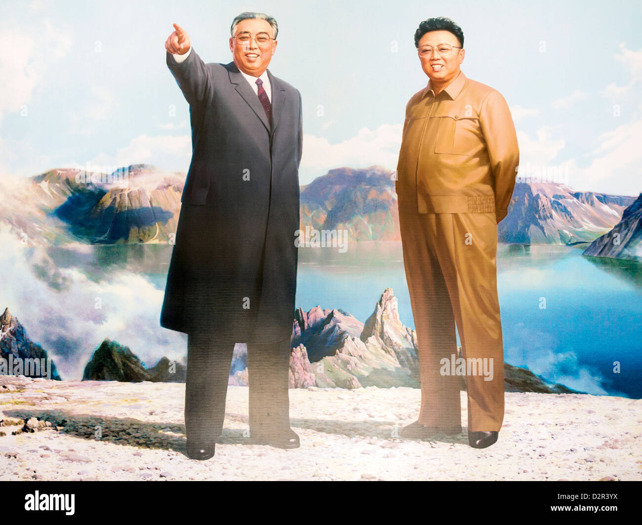 La verniciatura dei grandi leader Kim Jong Il e Kim Il Sung, Pyongyang, Corea del Nord Foto Stock