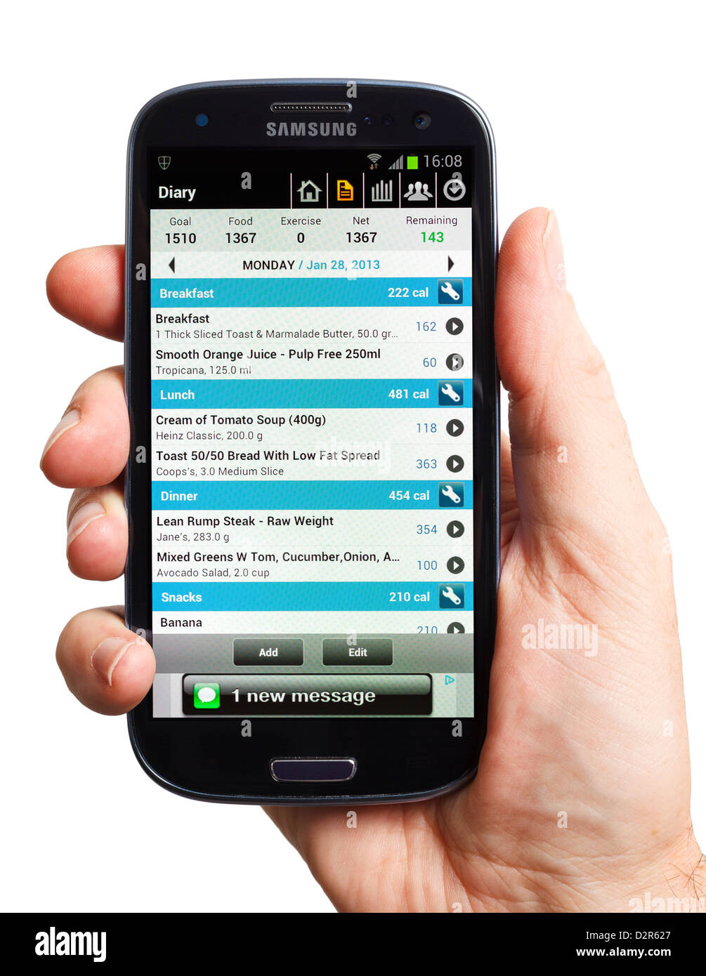 La dieta app su un telefono cellulare Android smartphone smart phone che mostra le calorie in ogni pasto Foto Stock