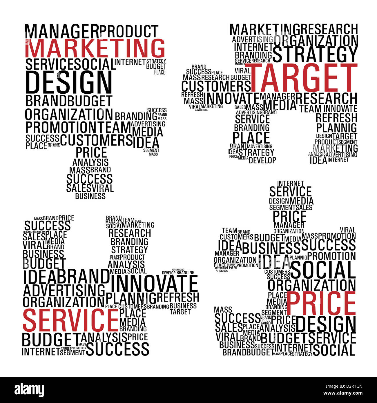 I pezzi del puzzle con il concetto di marketing parole isolate su sfondo bianco. File vettoriale stratificata per una facile manipolazione e colorazione personalizzata. Foto Stock