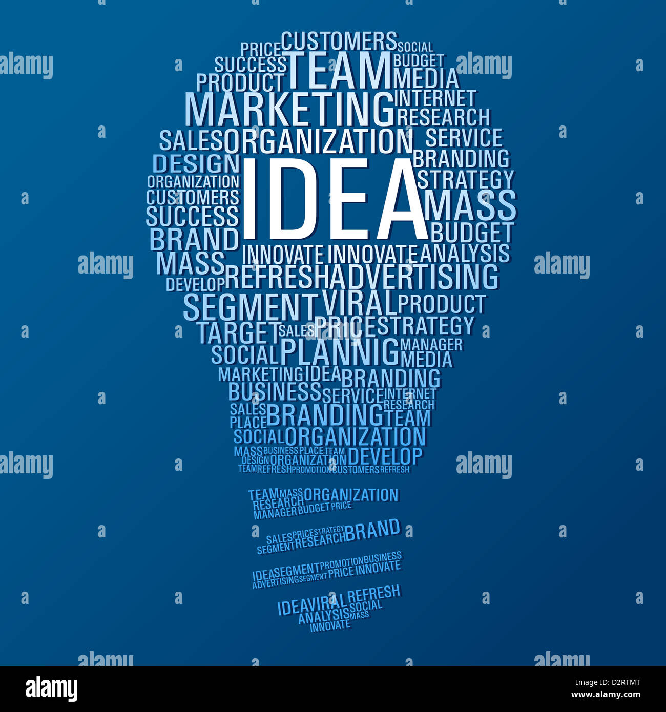 Lampadina della luce forma con un concetto di marketing parole su sfondo blu. File vettoriale stratificata per una facile manipolazione e colorazione personalizzata. Foto Stock