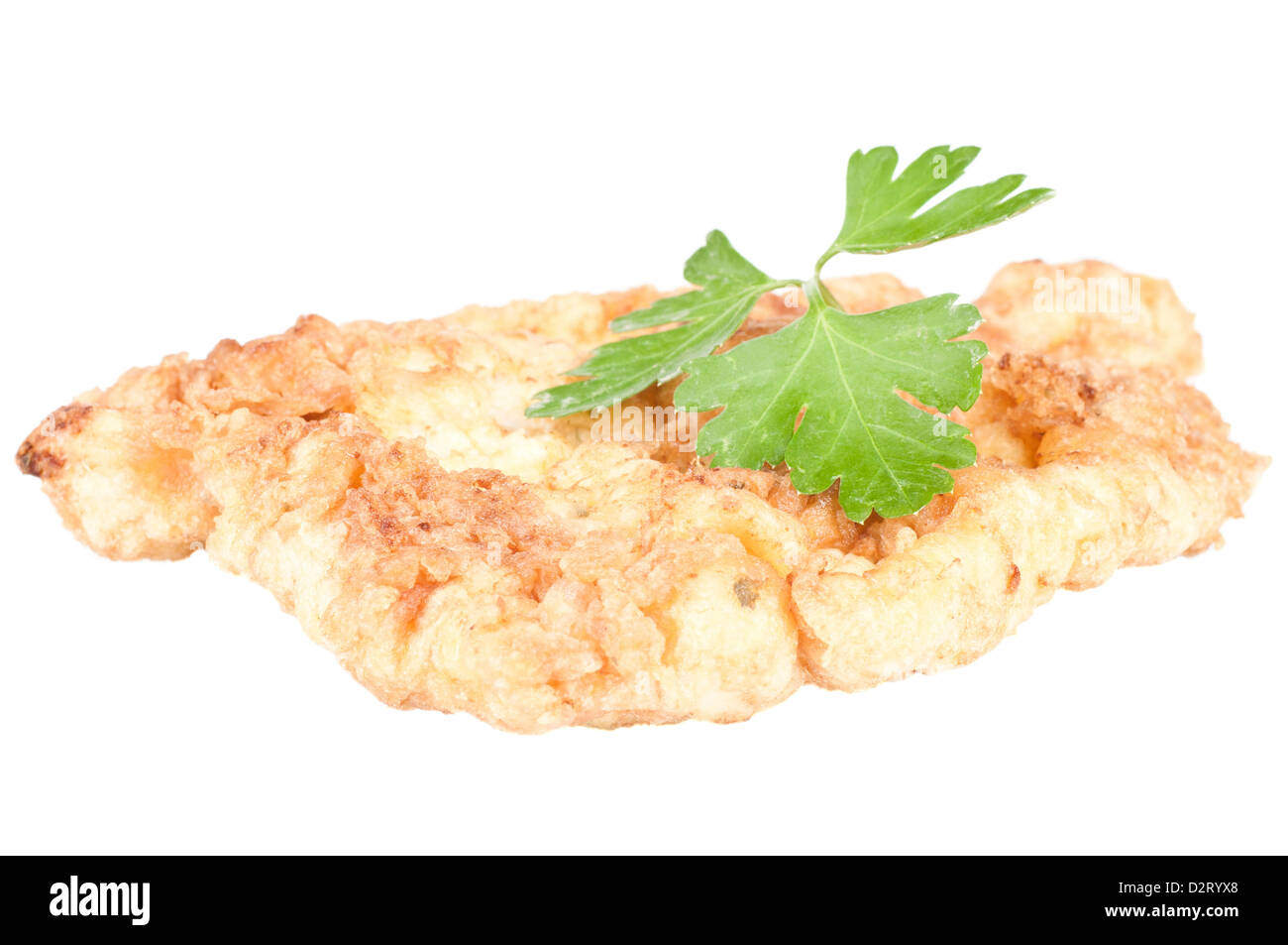 Deliziosa schnitzel di pollo su uno sfondo bianco Foto Stock