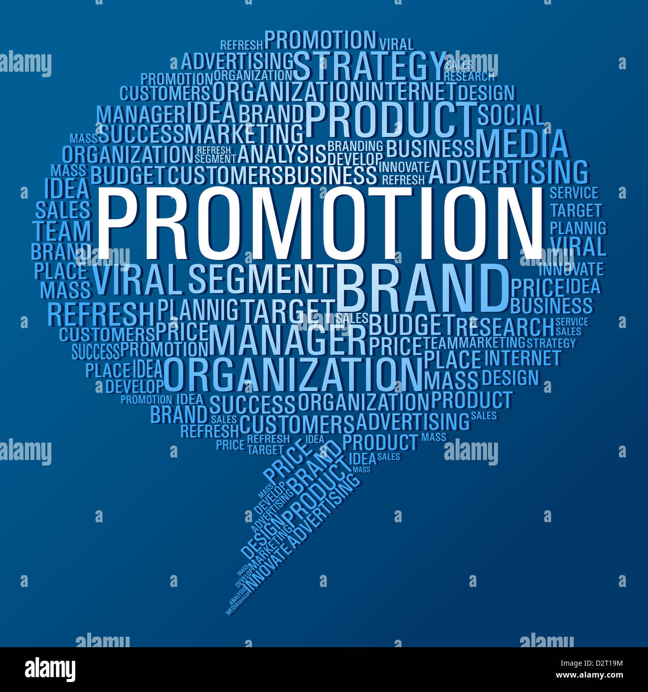 Discorso bolla forma con un concetto di marketing parole su sfondo blu. File vettoriale stratificata per una facile manipolazione e colorazione personalizzata. Foto Stock