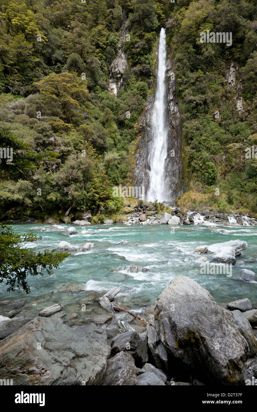 Thunder Creek Falls finisce nel fiume Haast, Nuova Zelanda Foto Stock