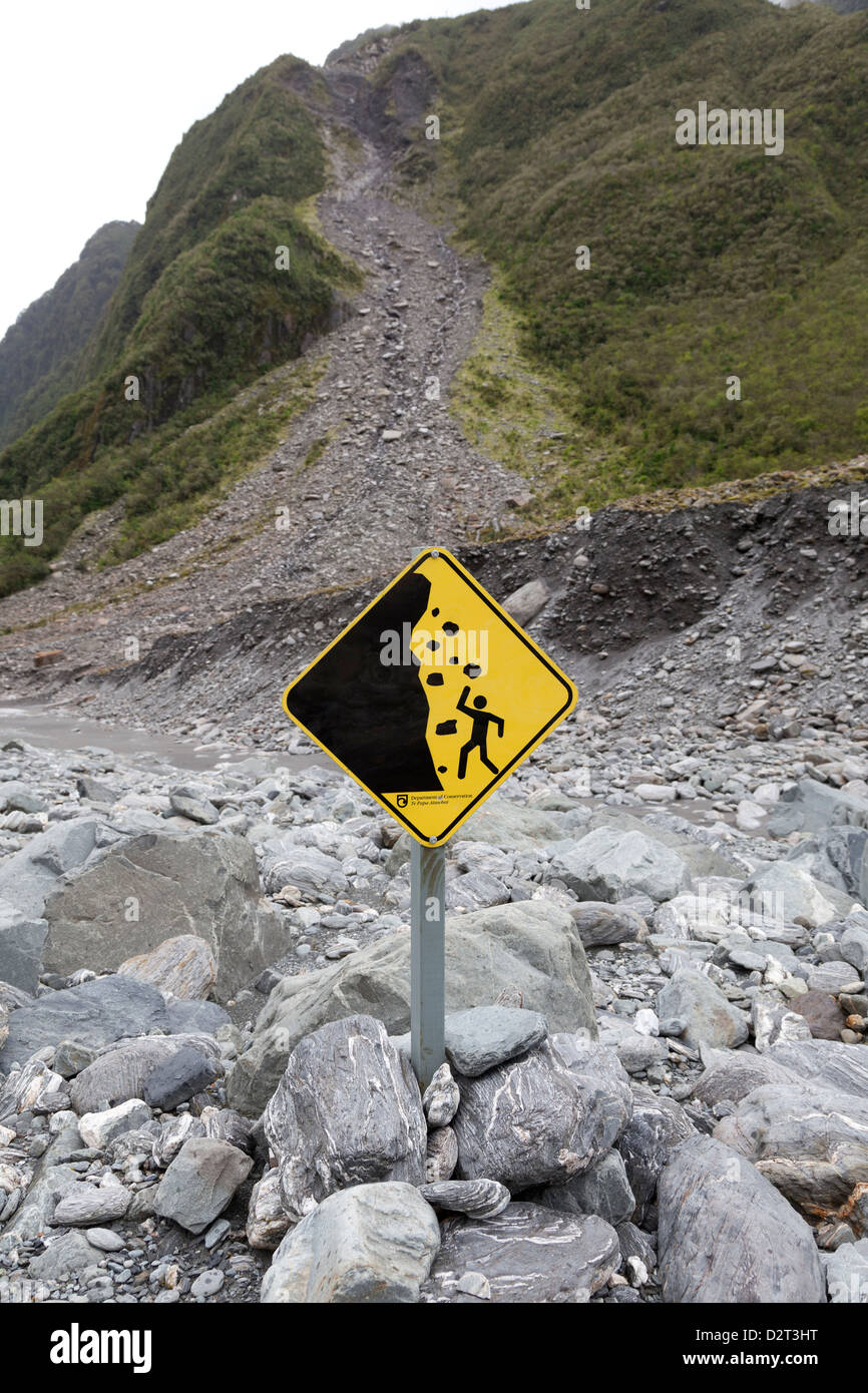 Segnale di avvertimento in corrispondenza di Fox Glacier, Isola Meridionale, Nuova Zelanda Foto Stock