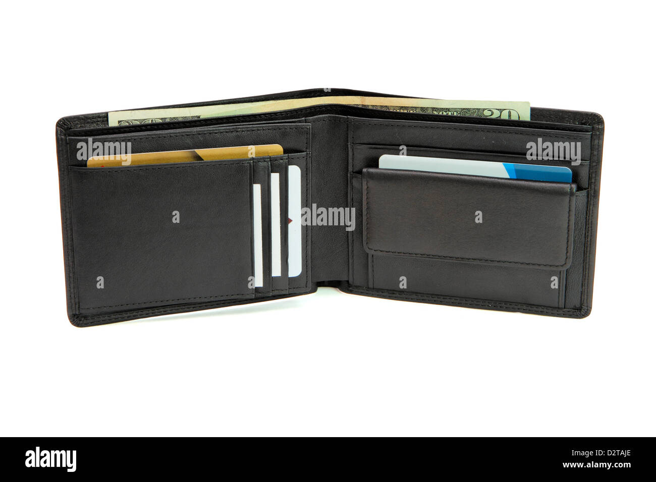 Aprire il portafoglio nero con le carte aziendali e di dollari isolato Foto Stock