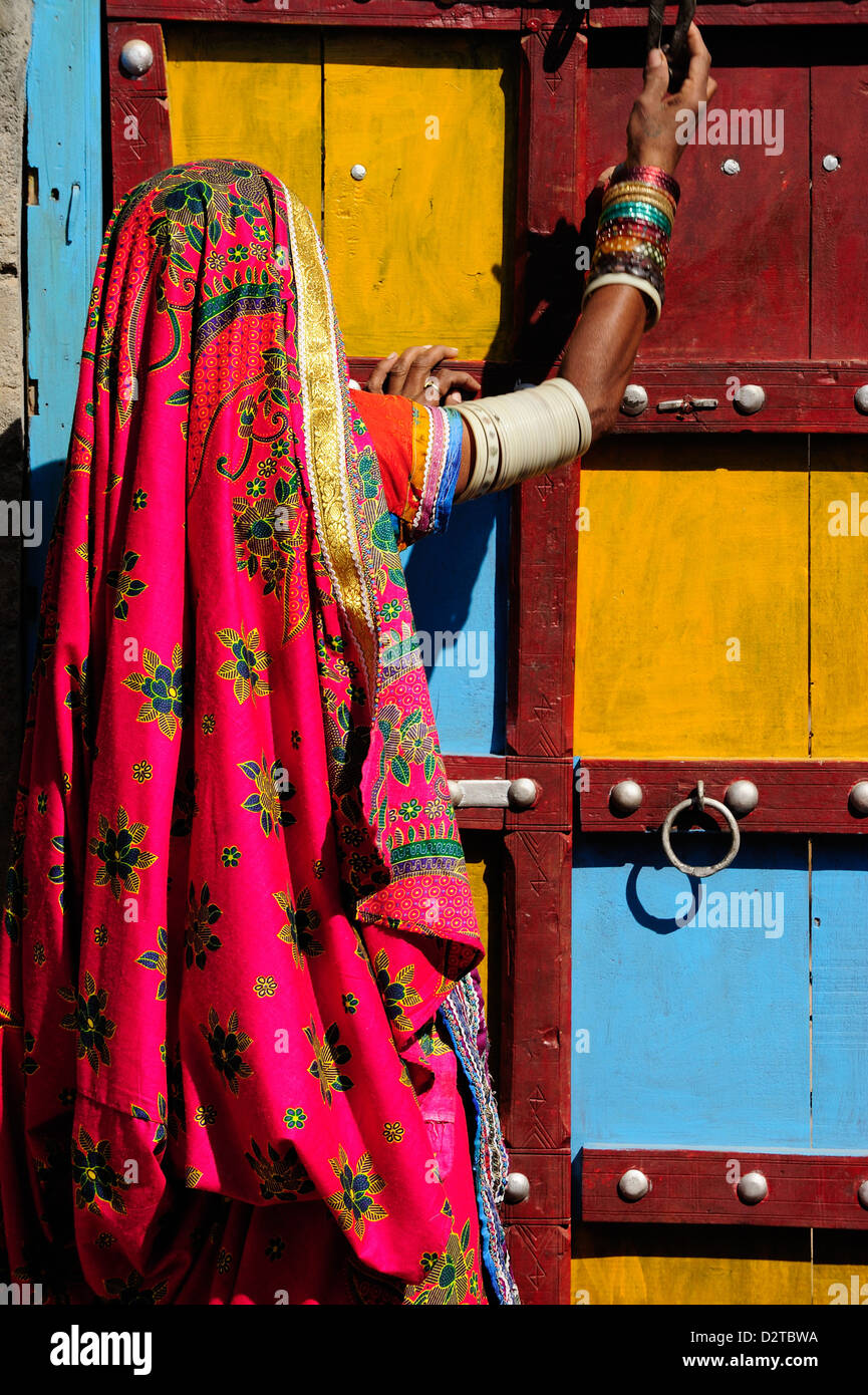 Gujjar donne indossare abiti colorati come parte della loro vita quotidiana, Gujarat, India, Asia Foto Stock