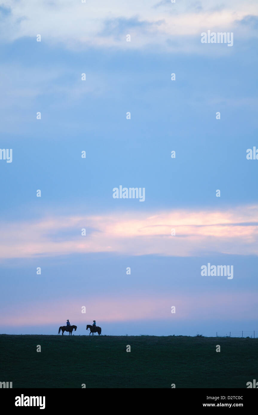 Due cavalli e cavalieri, Flint Hills, Kansas, Stati Uniti d'America, America del Nord Foto Stock