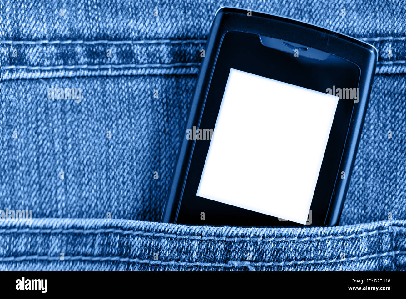 Telefono cellulare in tasca dei jeans, mettere il proprio testo sullo schermo Foto Stock
