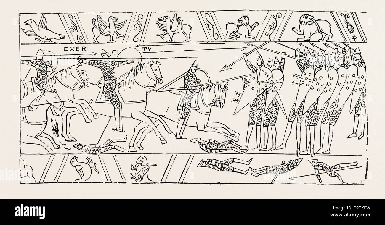 I guerrieri di Hastings dall'Arazzo di Bayeux. Foto Stock