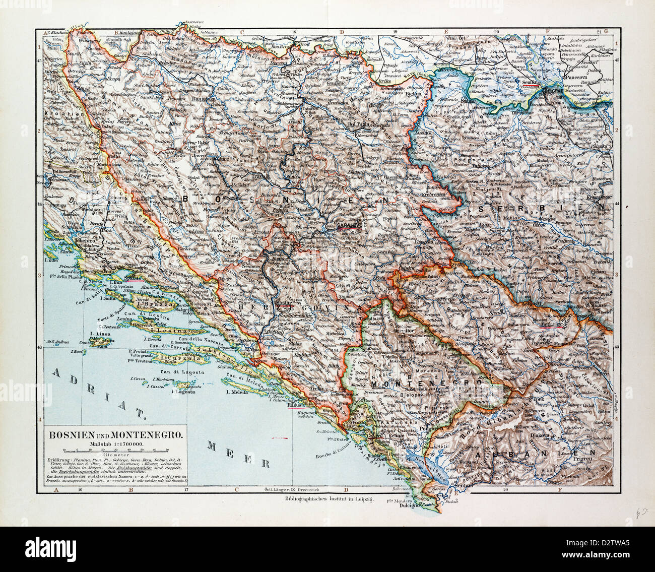 Mappa di BOSNIA ED ERZEGOVINA SERBIA MONTENEGRO 1899 Foto Stock