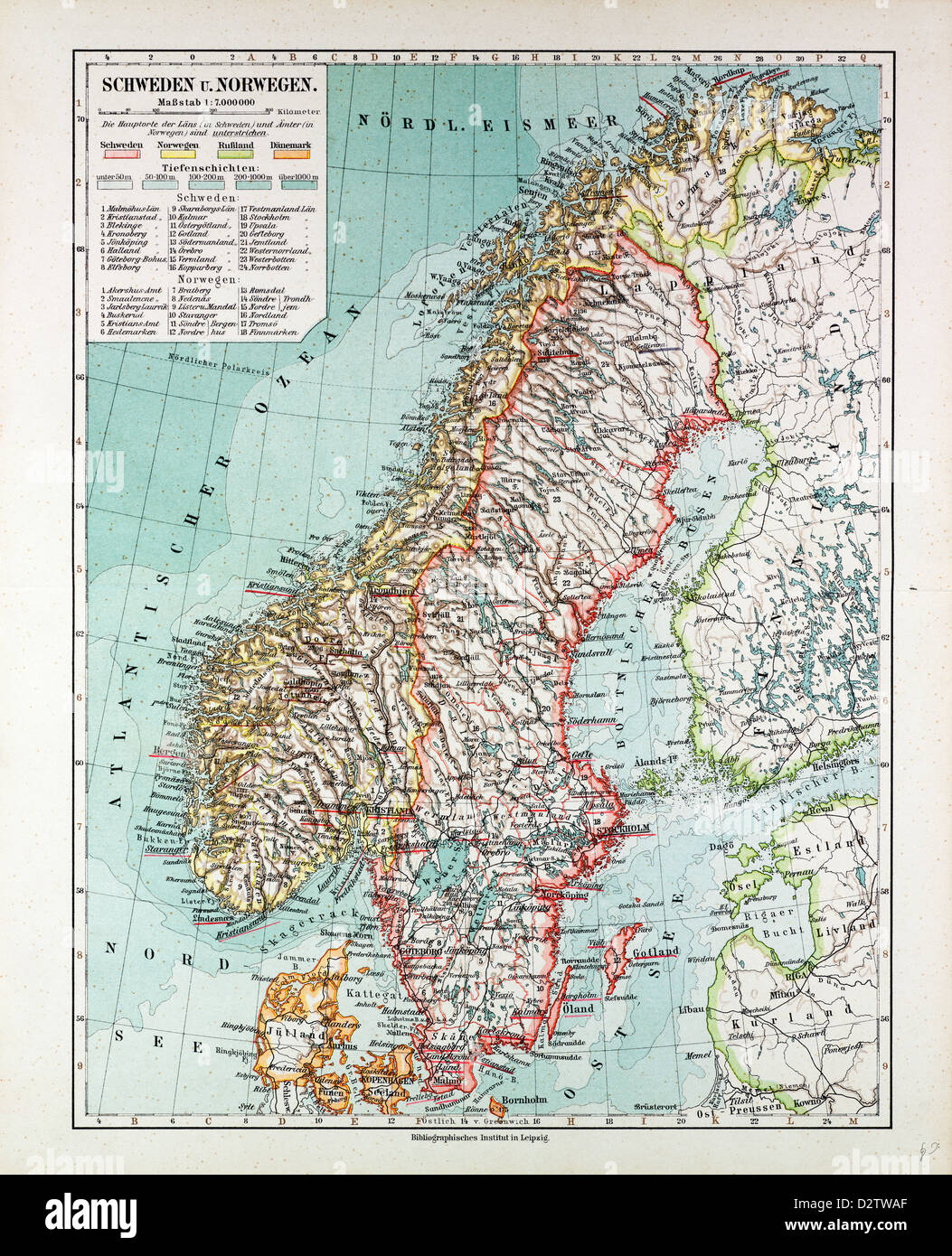 Mappa di Norvegia e Svezia 1899 Foto Stock