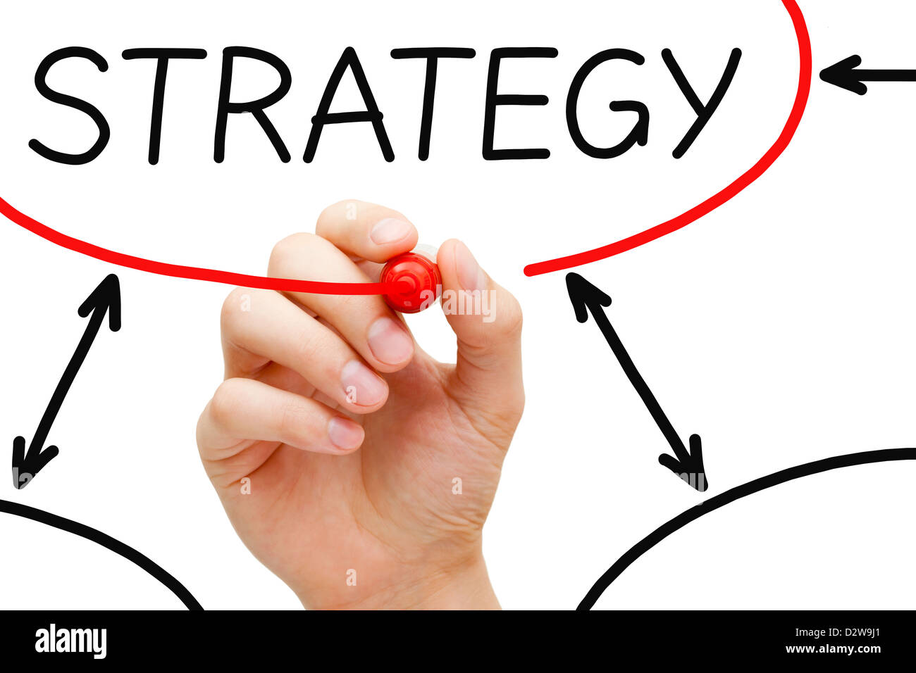 Maschio a mano la strategia di disegno grafico di flusso sul panno trasparente stampato. Foto Stock