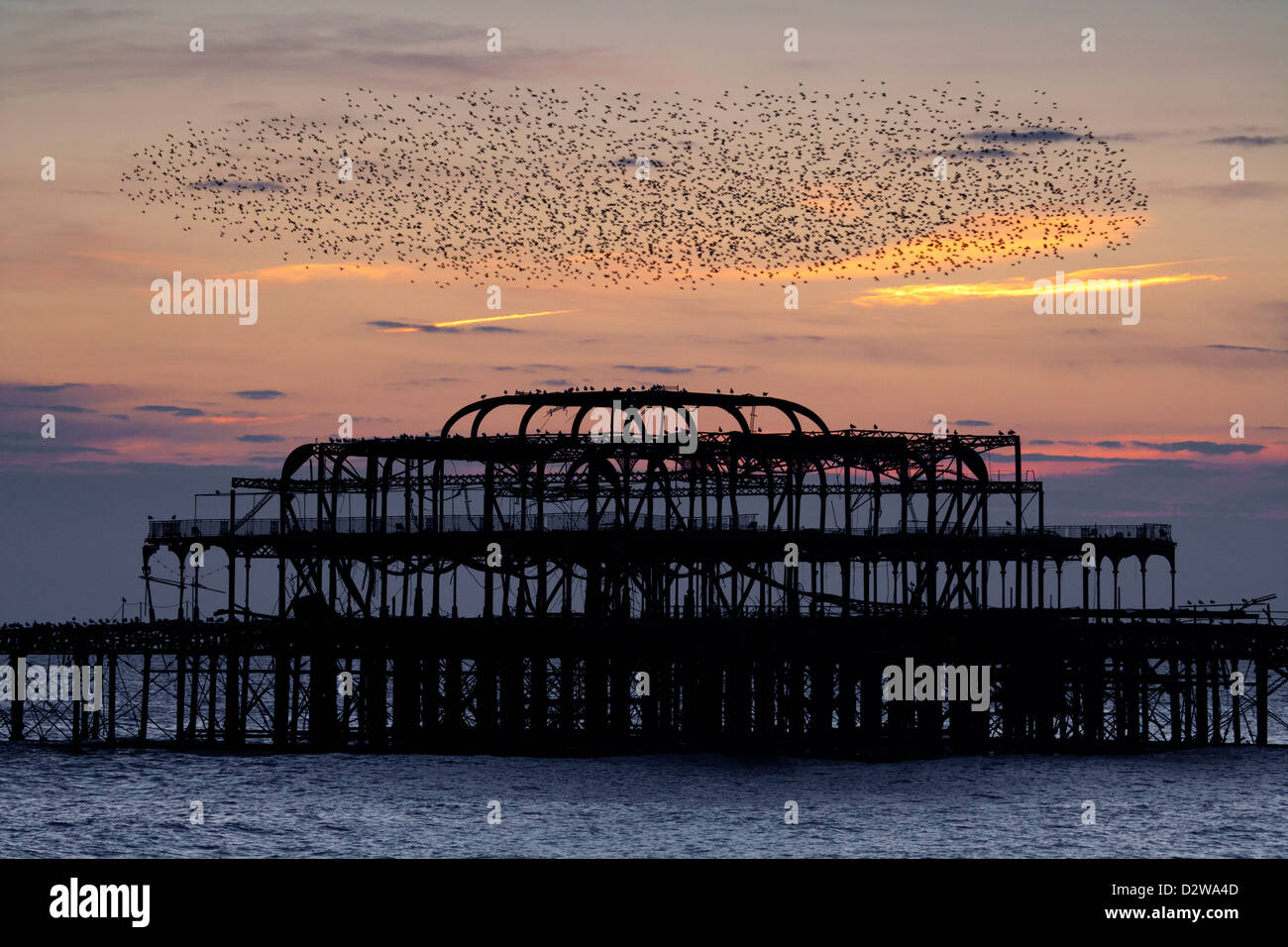 Per gli storni sorvolano Brighton il bruciato molo Ovest al tramonto in East Sussex, Regno Unito. Foto Stock